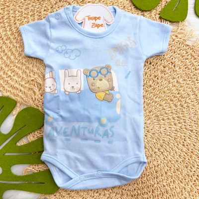 Kit 3 Peças - Bodys Manga Curta Amigos de Aventuras - Azul Jeans, Mescla e Azul Bebê